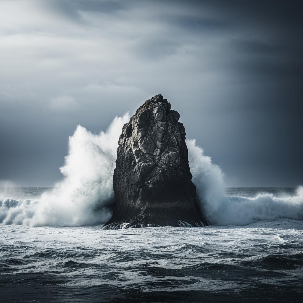 Ένας μοναχικός γκρίζος βράχος αντέχει σε φουρτουνιασμένη θάλασσα, συμβολίζοντας την ψυχολογική μέθοδο του Γκρίζου Βράχου.